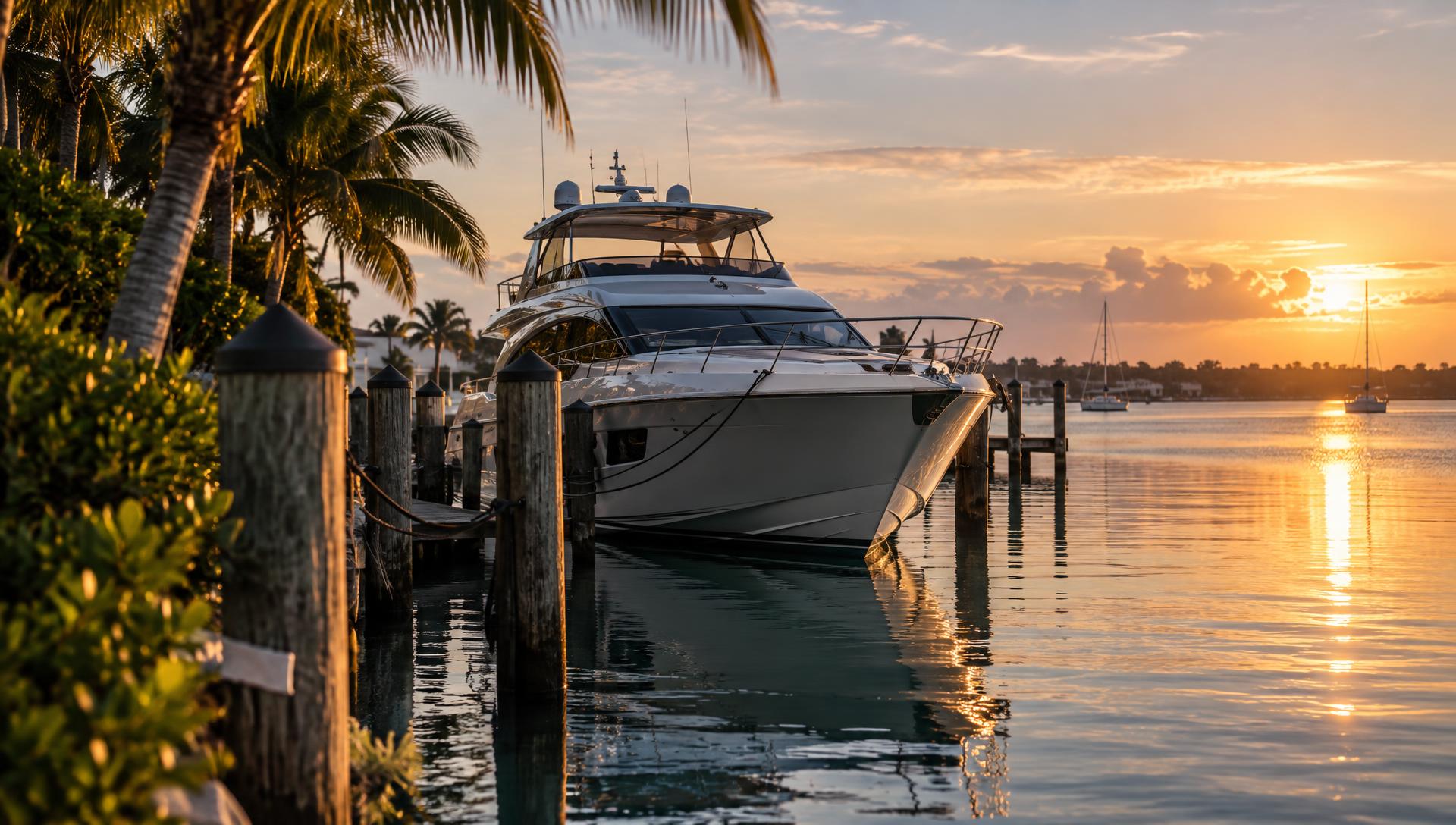 Motor yacht moored at a Florida marina at golden hour