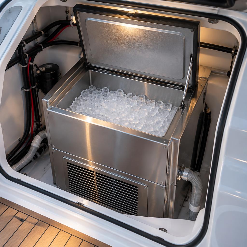 Marine ice machine with a bin of cubed ice