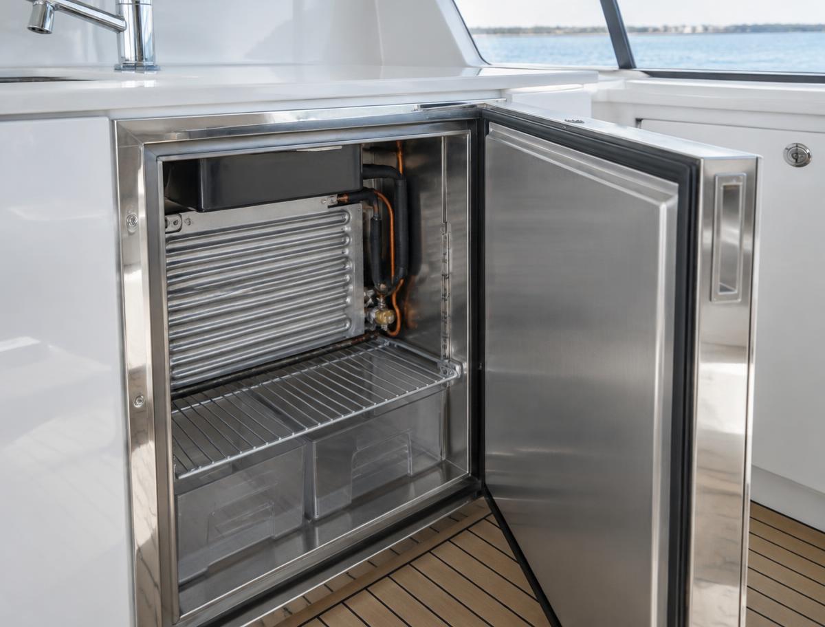 Marine refrigerator with exposed cooling lines